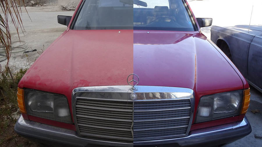 Покрытый кузов автомобиля жидким стеклом результат до и после